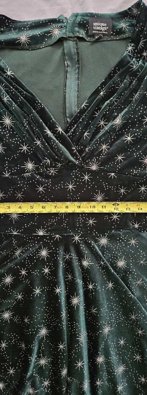 Unique Vintage Delores Velvet Celestial Swing Dress Green Silver Stars XL 14 - Picture 11 of 14
